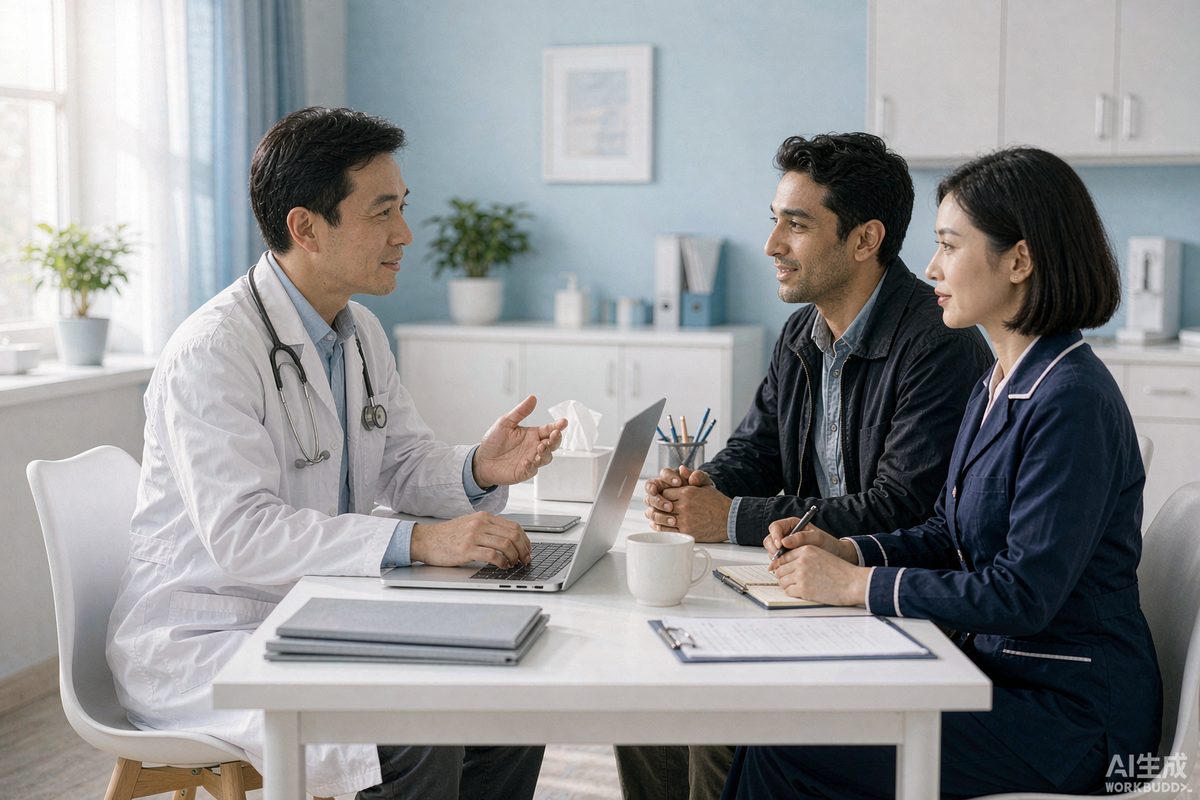 A doctor consulting an international patient with a medical interpreter beside them