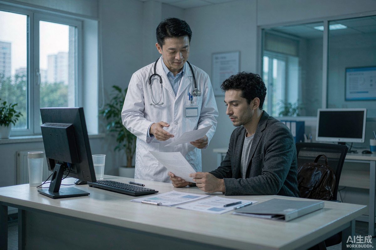 A doctor explaining a medical report to an international patient at a partner hospital